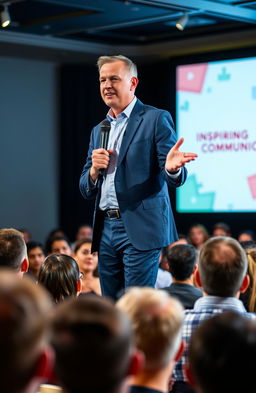A confident speaker standing on stage, engaging an enthusiastic audience during a public speaking event