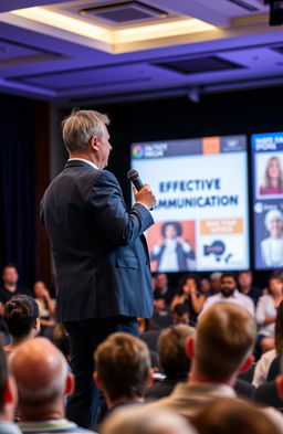 A confident speaker standing on stage, engaging an enthusiastic audience during a public speaking event
