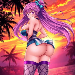 A stunning anime girl with large breasts, curvy hips, and a voluptuous backside