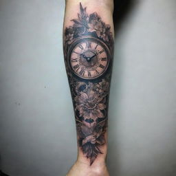 Design a comprehensive tattoo for the whole right arm, incorporating several elements. The design should build upon an existing tattoo found at this URL: https://workupload.com/archive/vk9awMS59M. Make sure to differentiate the elements for the upside and downside of the arm.