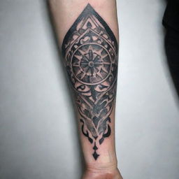 Design a comprehensive tattoo for the whole right arm, incorporating several elements. The design should build upon an existing tattoo found at this URL: https://workupload.com/archive/vk9awMS59M. Make sure to differentiate the elements for the upside and downside of the arm.