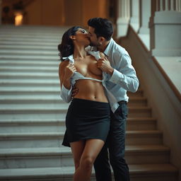 Sensual portrayal of Alia Bhatt, professionally dressed in a chic short skirt, set on a grand staircase