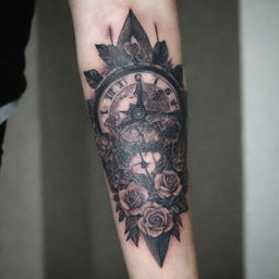 Design a comprehensive tattoo for the whole right arm, incorporating several elements. The design should build upon an existing tattoo found at this URL: https://workupload.com/archive/vk9awMS59M. Make sure to differentiate the elements for the upside and downside of the arm.