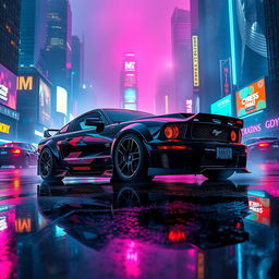 A striking 2005 Ford Mustang featuring an aggressive body kit, set in a cyberpunk environment