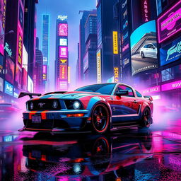 A striking 2005 Ford Mustang featuring an aggressive body kit, set in a cyberpunk environment