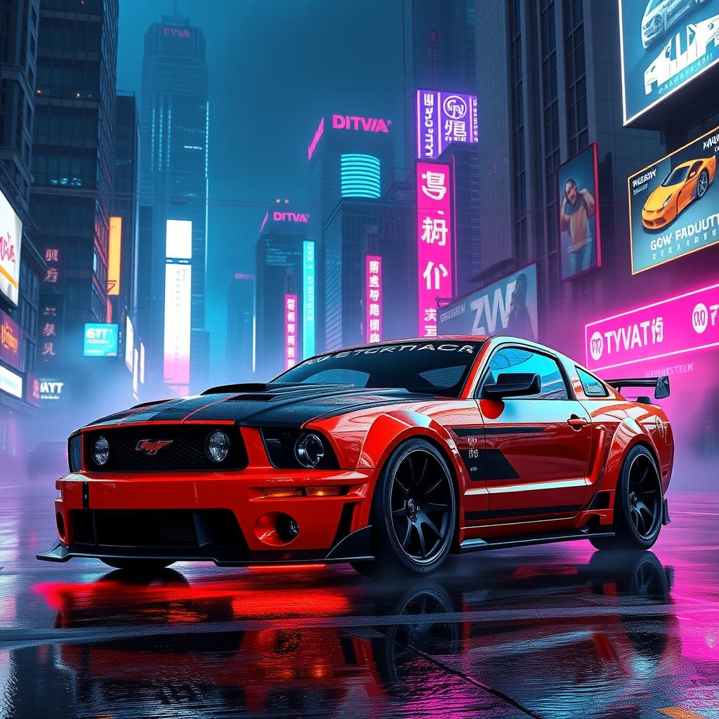 A striking 2005 Ford Mustang featuring an aggressive body kit, set in a cyberpunk environment