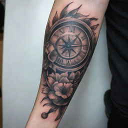 Design a comprehensive tattoo for the whole right arm, incorporating several elements. The design should build upon an existing tattoo found at this URL: https://workupload.com/archive/vk9awMS59M. Make sure to differentiate the elements for the upside and downside of the arm.