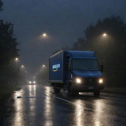 An UHD, realistic image of an Amazon delivery truck on a deserted road, illuminated only by a flickering street lamp, during a midnight rain shower