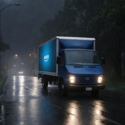 An UHD, realistic image of an Amazon delivery truck on a deserted road, illuminated only by a flickering street lamp, during a midnight rain shower