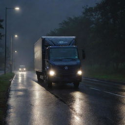 An UHD, realistic image of an Amazon delivery truck on a deserted road, illuminated only by a flickering street lamp, during a midnight rain shower