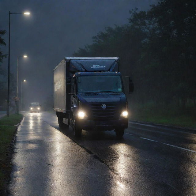 An UHD, realistic image of an Amazon delivery truck on a deserted road, illuminated only by a flickering street lamp, during a midnight rain shower