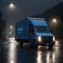 An UHD, realistic image of an Amazon delivery truck on a deserted road, illuminated only by a flickering street lamp, during a midnight rain shower