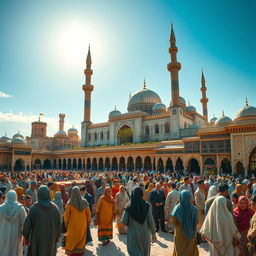 A large medieval Muslim city bustling with activity, featuring intricate architecture with domes and minarets, beautifully decorated archways, and vibrant bazaars filled with colorful textiles and spices