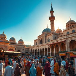 A large medieval Muslim city bustling with activity, featuring intricate architecture with domes and minarets, beautifully decorated archways, and vibrant bazaars filled with colorful textiles and spices