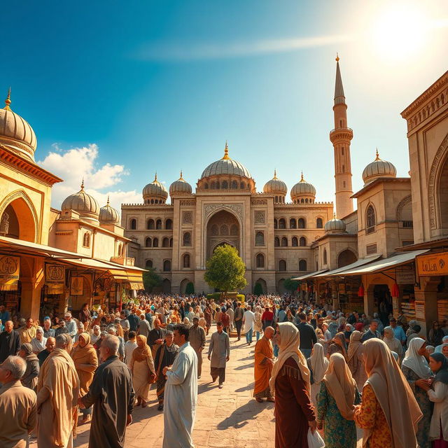 A large medieval Muslim city bustling with activity, featuring intricate architecture with domes and minarets, beautifully decorated archways, and vibrant bazaars filled with colorful textiles and spices