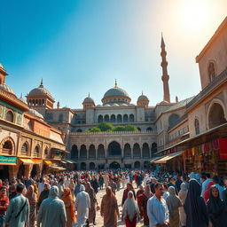 A large medieval Muslim city bustling with activity, featuring intricate architecture with domes and minarets, beautifully decorated archways, and vibrant bazaars filled with colorful textiles and spices