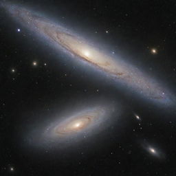 A comparative image showing the smallest known galaxy and the majestic Andromeda galaxy side by side, highlighting the vast disparity in their sizes, star populations, and celestial bodies.