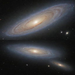 A comparative image showing the smallest known galaxy and the majestic Andromeda galaxy side by side, highlighting the vast disparity in their sizes, star populations, and celestial bodies.