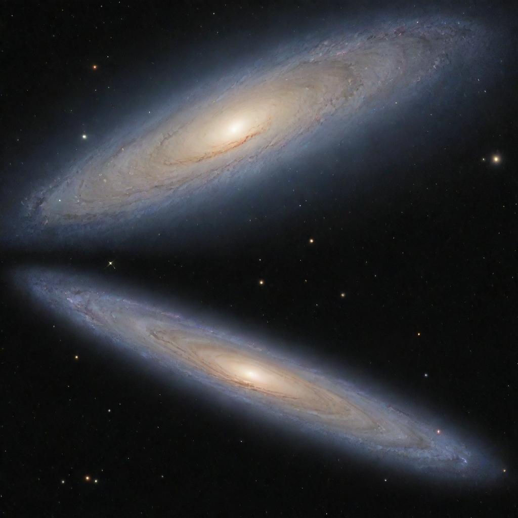 A comparative visual of the largest known galaxy and the majestic Andromeda galaxy side by side, emphasizing the immense difference in their scale, star count, and cosmic structures.