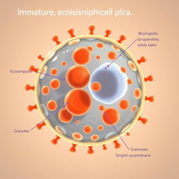 An educational illustration of an immature eosinophil cell, displayed in a high-resolution, detailed scientific context