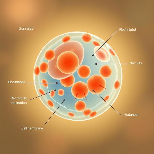 An educational illustration of an immature eosinophil cell, displayed in a high-resolution, detailed scientific context