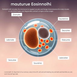 An educational illustration of an immature eosinophil cell, displayed in a high-resolution, detailed scientific context