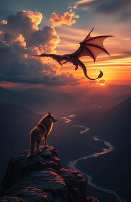 A majestic scene depicting a lonely wolf standing on a rocky cliff at sunset, gazing out over a valley
