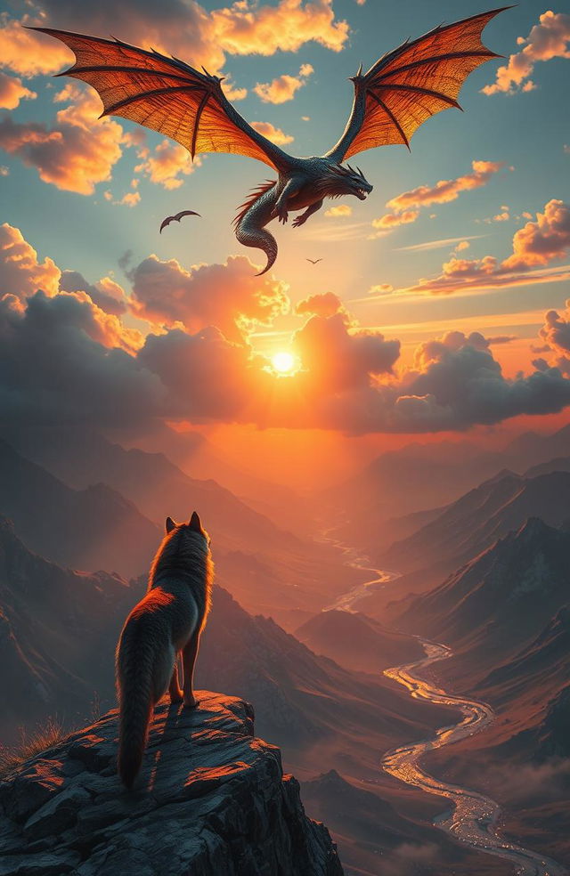 A majestic scene depicting a lonely wolf standing on a rocky cliff at sunset, gazing out over a valley