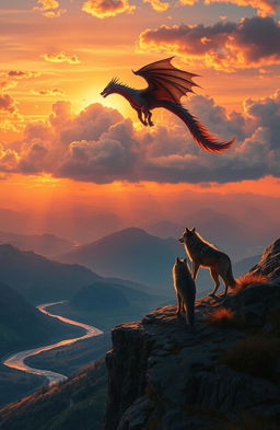 A majestic scene depicting a lonely wolf standing on a rocky cliff at sunset, gazing out over a valley