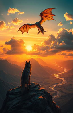 A majestic scene depicting a lonely wolf standing on a rocky cliff at sunset, gazing out over a valley