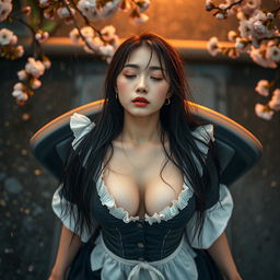A stunning 18-year-old Chinese girl with white healthy skin, an oval face, and partially closed eyes, embodying the essence of beauty as a model