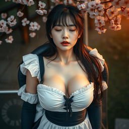 A stunning 18-year-old Chinese girl with white healthy skin, an oval face, and partially closed eyes, embodying the essence of beauty as a model