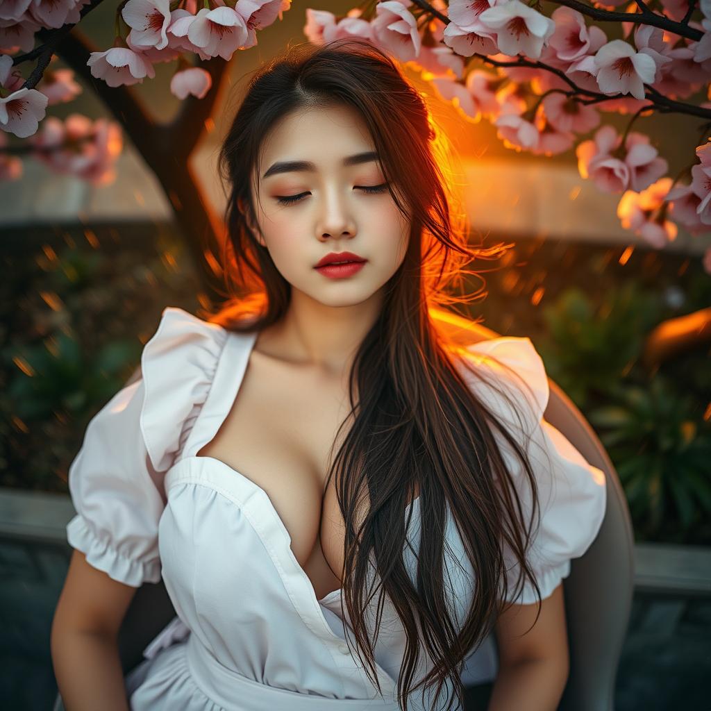 A stunning 18-year-old Chinese girl with white healthy skin, an oval face, and partially closed eyes, embodying the essence of beauty as a model