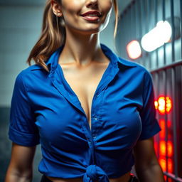 Close-up on the chest and torso of a gorgeous female police officer with a brunette ponytail