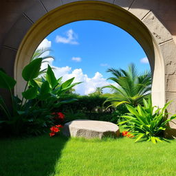 A serene open-air garden scene framed by an arched stone wall