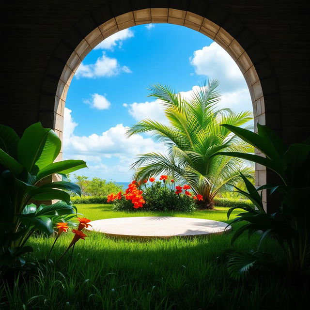 A serene open-air garden scene framed by an arched stone wall