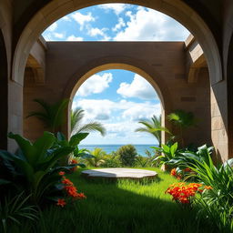 A serene open-air garden scene framed by an arched stone wall