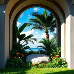 A serene open-air garden scene framed by an arched stone wall