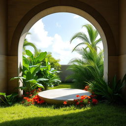 A serene, open-air garden scene framed by an arched stone wall, with a bright sky filled with soft white clouds in the background