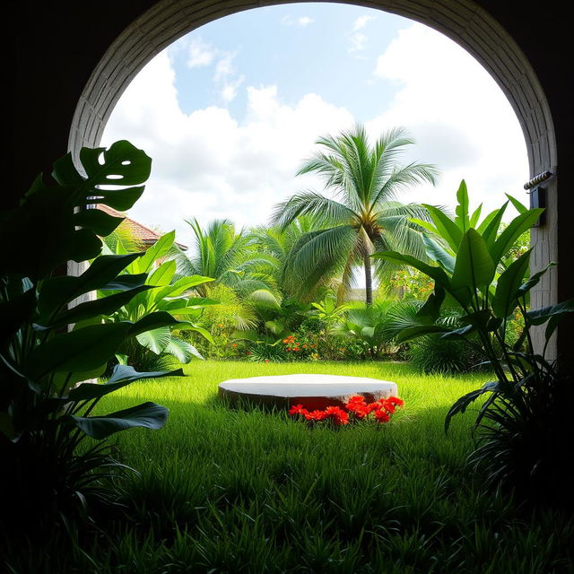 A serene, open-air garden scene framed by an arched stone wall, with a bright sky filled with soft white clouds in the background