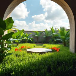 A serene, open-air garden scene framed by an arched stone wall, with a bright sky filled with soft white clouds in the background