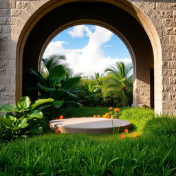 A serene, open-air garden scene framed by an arched stone wall, with a bright sky filled with soft white clouds in the background