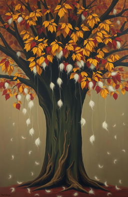 A large kapok tree with gently falling fluffy fibers, symbolizing the fragility of life and the process of letting go of things beyond our control