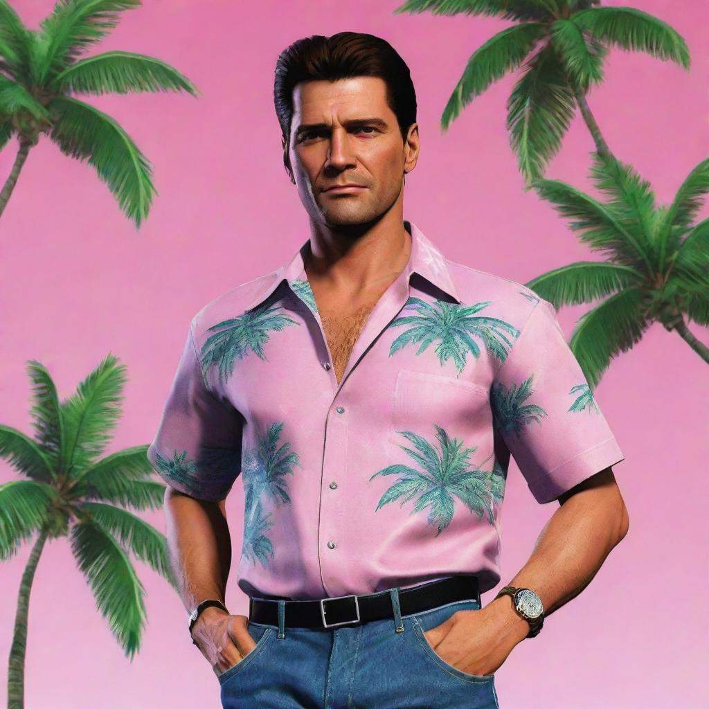 A visual representation of Tommy Vercetti, the iconic video game character, featuring his signature Hawaiian shirt, jeans and the undeniable aura of the Vice City underworld.