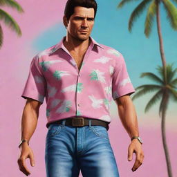 A visual representation of Tommy Vercetti, the iconic video game character, featuring his signature Hawaiian shirt, jeans and the undeniable aura of the Vice City underworld.