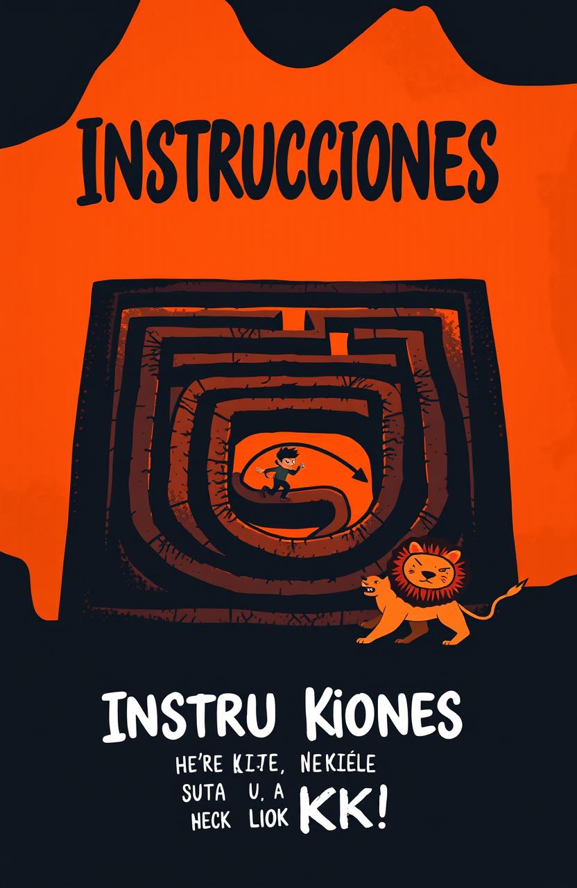 A game design concept featuring a maze where a character must navigate to avoid being eaten by a lion