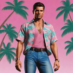 A visual representation of Tommy Vercetti, the iconic video game character, featuring his signature Hawaiian shirt, jeans and the undeniable aura of the Vice City underworld.