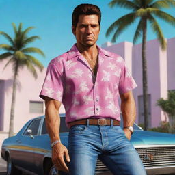 A visual representation of Tommy Vercetti, the iconic video game character, featuring his signature Hawaiian shirt, jeans and the undeniable aura of the Vice City underworld.