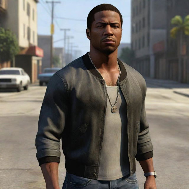 A vivid depiction of Carl 'CJ' Johnson, the protagonist from the iconic video game; dressed in his signature attire, expressing defiance and remaining true to his character from the streets of San Andreas.