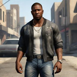 A vivid depiction of Carl 'CJ' Johnson, the protagonist from the iconic video game; dressed in his signature attire, expressing defiance and remaining true to his character from the streets of San Andreas.